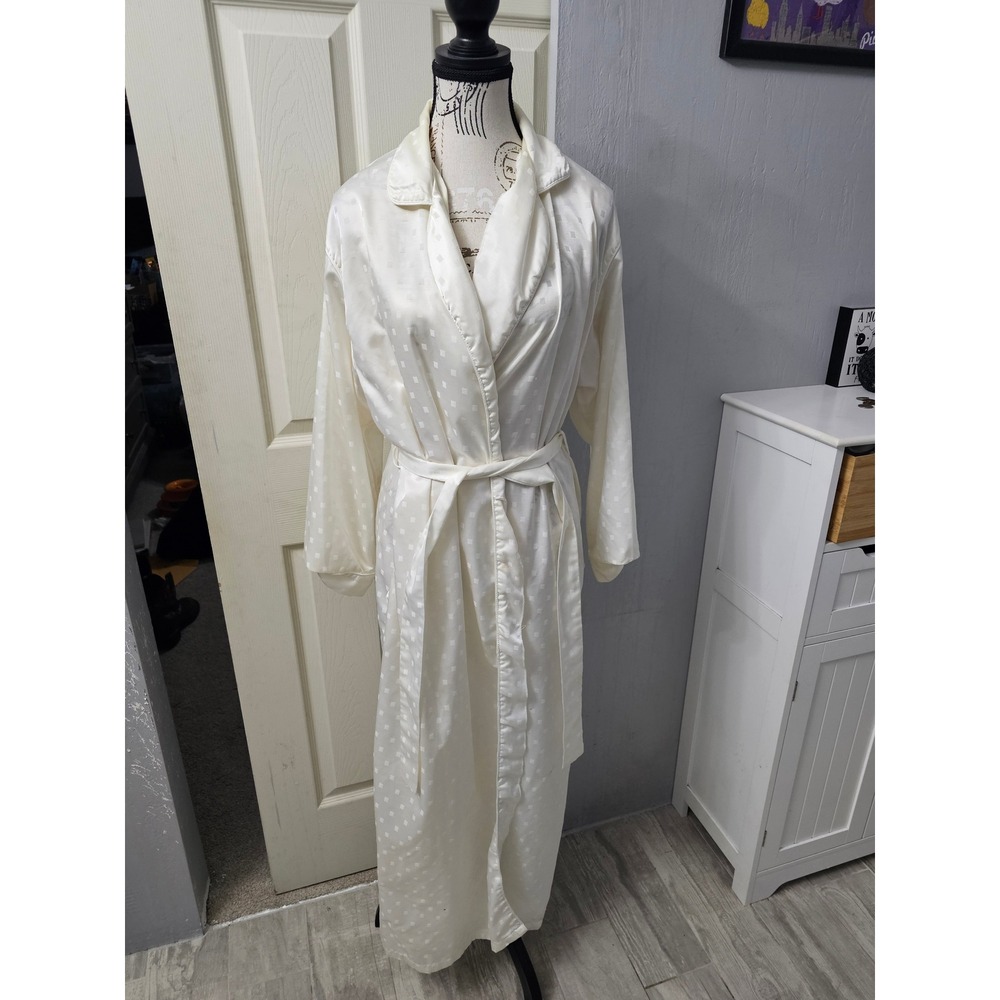 Kathryn Vintage Ivory Jacquard Square Pattern Long Wrap Robe Size Large 0186